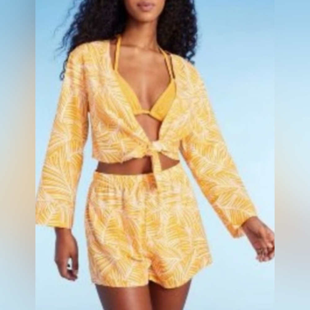 Shade & Shore Yellow Orange Crop Too Leaf Print Tie-Front Set